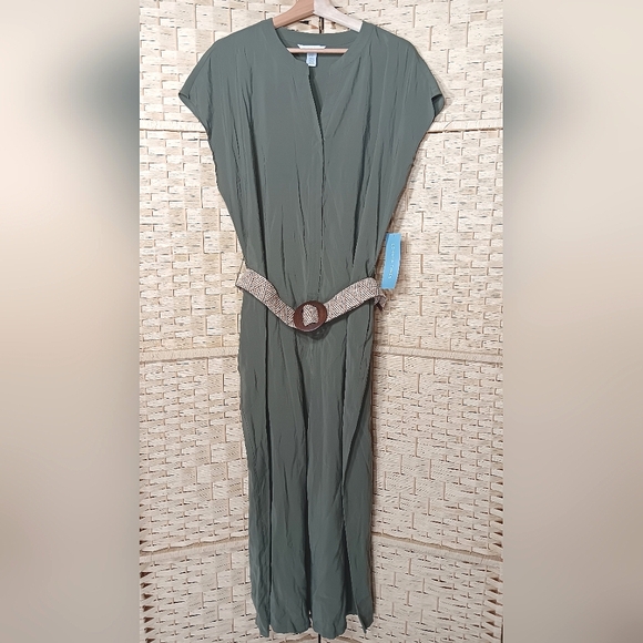 London Times Rayon Wide-leg V-neck Jumpsuit - Textured Belt - Olive NWT - Picture 4 of 9